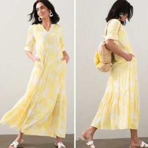 Chico's Yellow Paisley Tiered Maxi Dress Roll Tab Sleeve Pockets Size 3 XL 16/18